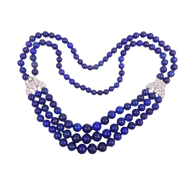 Art Deco three and two row lapis lazuli bead and diamond necklace